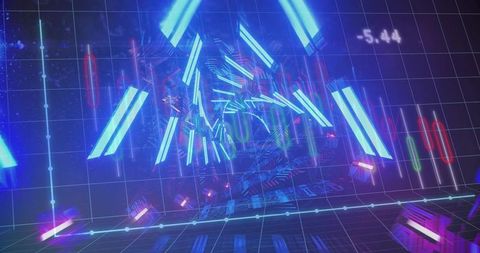 Futuristic digital neon tunnel with financial charts and data