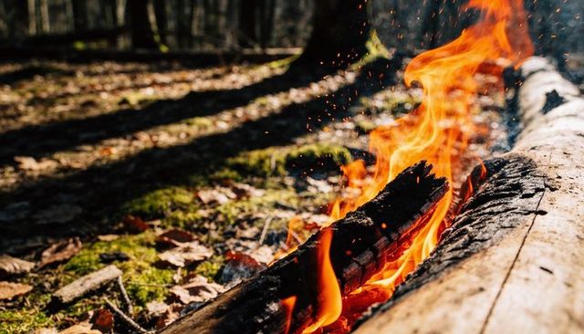 Sunlit woodland burning hollow log sending sparks and glowing embers on mossy forest floor