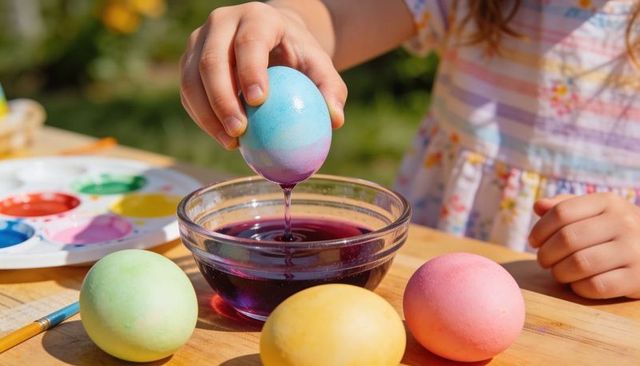 Child dipping pastel easter eggs into dye bowl outdoor spring craft activity