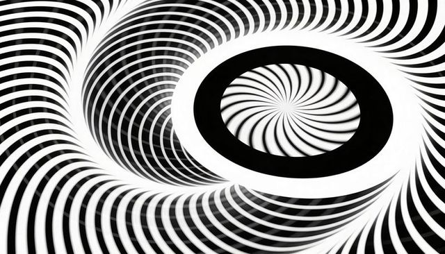 Monochrome spiral vortex with thick ring and radial optical bands, geometric minimalism