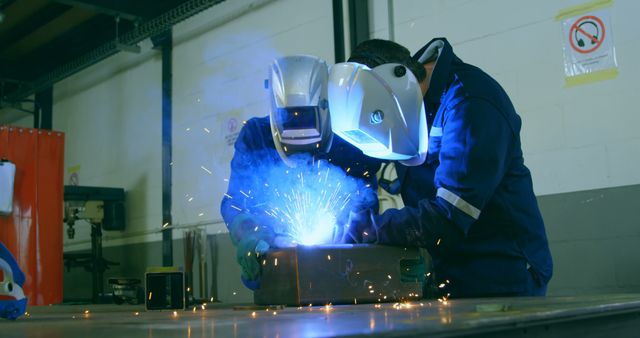 Two workers are welding a piece of metal in an industrial workshop, with sparks flying as they work. Both are wearing protective helmets and safety gear. This image can be used to illustrate concepts related to manufacturing, teamwork, metalwork, safety measures, and industrial craftsmanship.