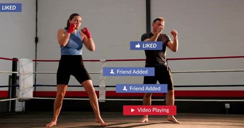 Two athletes sparring in boxing ring with social media overlays for fitness content