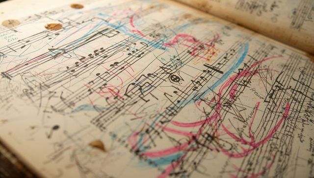 Vintage sheet music manuscript with colorful pencil markings and ink notation