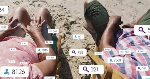 Seniors enjoying beach relaxation with social media icons overlay