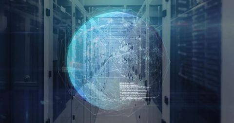 Futuristic Holographic Globe in Server Aisle with Network Connections