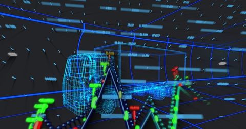 Realtime telemetry visualization with wireframe truck, holographic grid and animated data