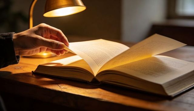 Cozy late-night reading hand turning page under warm brass desk lamp