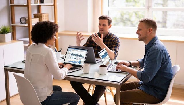 Business team collaborating over data dashboards on laptops in bright modern office