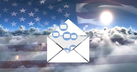 Email Communication Overlaid on American Flag and Clouds Sky