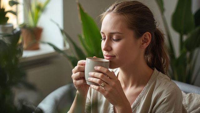 Woman savoring hot drink on sofa among houseplants for mindfulness and relaxation