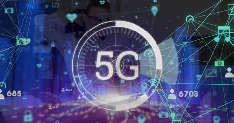 Futuristic 5G Network Data Connection in Virtual Cityscape