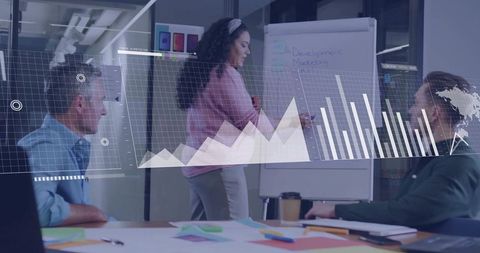 Business team presenting marketing strategy with digital charts and analytics overlay