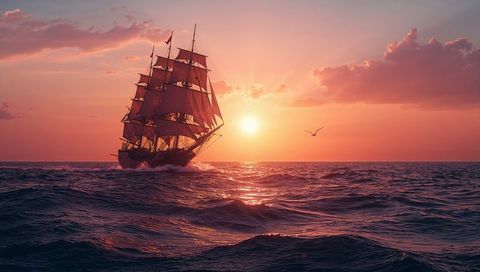Majestic Sailing Ship at Sunset with Seagull in Flight