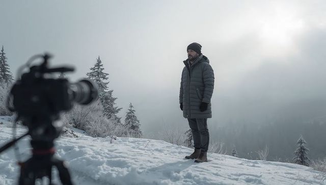 Solitary filmmaker standing on snowy ridge filming misty landscape with tripod camera