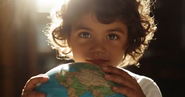 Curious Boy Holding Globe in Sunlit Room