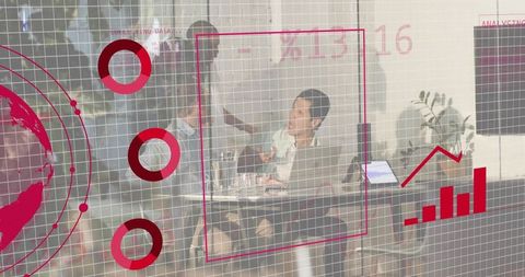 Businesswomen discussing strategy at cafe table with laptop and data analytics overlay