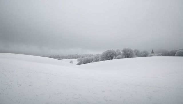 Minimal winter panorama: snow-covered rolling hills and frosted trees under overcast sky