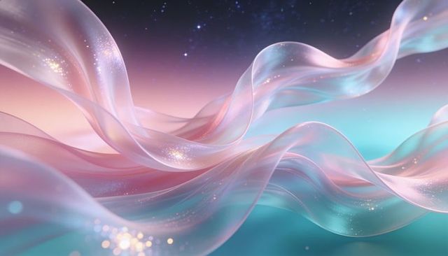 Ethereal pastel ribbons drifting over dreamy gradient, sparkling particles and starfield glow