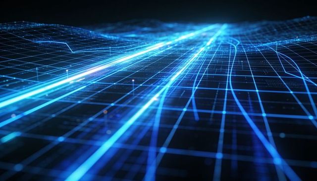 Neon data streams converging over holographic wireframe grid with glowing node trails