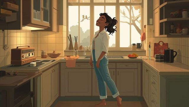 Sunlit morning stretching woman in vintage kitchen, barefoot, white shirt and cuffed jeans