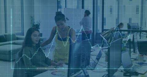 Collaborating Over Financial Analytics Dashboard in Modern Open Office Workspace