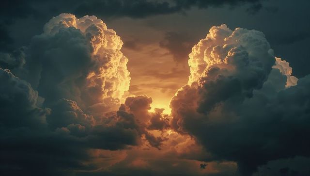 Dramatic cumulus clouds radiating golden sunlight