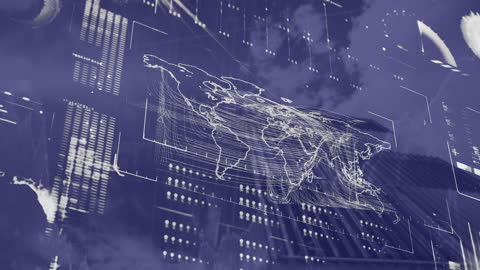 World Map with Digital Data Overlay in Urban Skyline