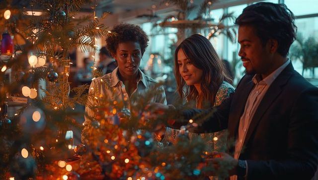 Coworkers Decorating Office Christmas Tree During Holiday Season