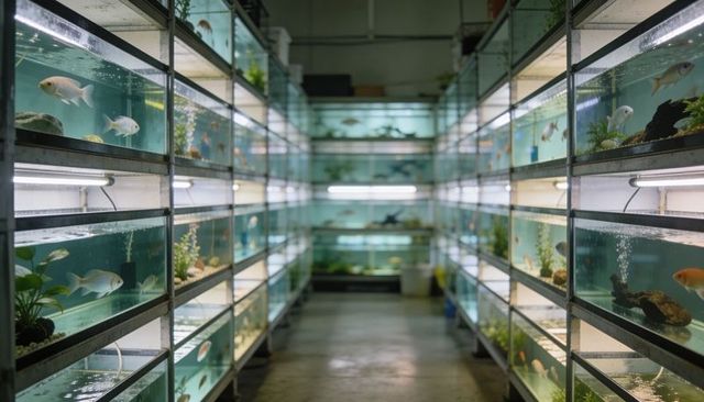 Glowing aquarium shop aisle with rows of glass fish tanks and fluorescent lighting for retail