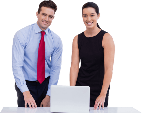 Business professionals collaborating with transparent laptop