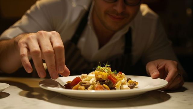 Chef leaning and adjusting plated gourmet dish at restaurant pass with microgreens garnish