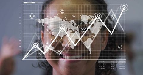 Smiling woman presenting augmented reality global analytics overlay with braces and HUD