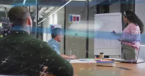 Presenter drawing on flipchart during collaborative office meeting with color bars passing