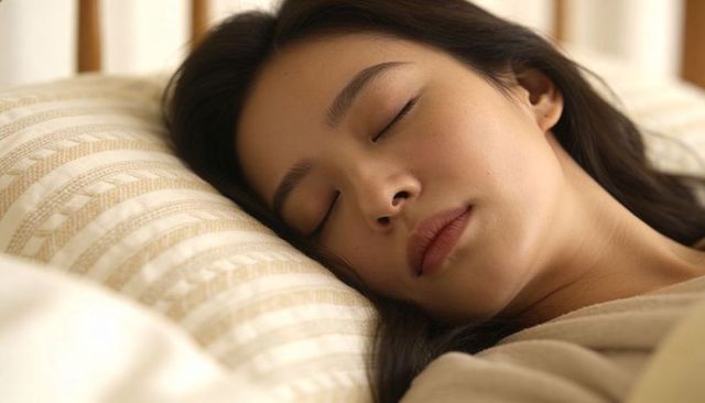 Peaceful asian woman sleeping on striped pillow in cozy neutral bedroom closeup