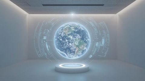 Holographic earth projection in futuristic white room setting