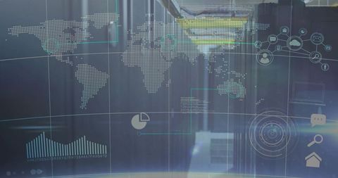 Projecting holographic network overlay over datacenter aisle featuring world map and data analytics