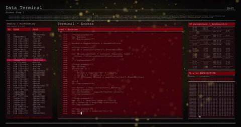 Displaying Red Cybersecurity Terminal with Source Code, Hex Dump, Encrypted Credentials