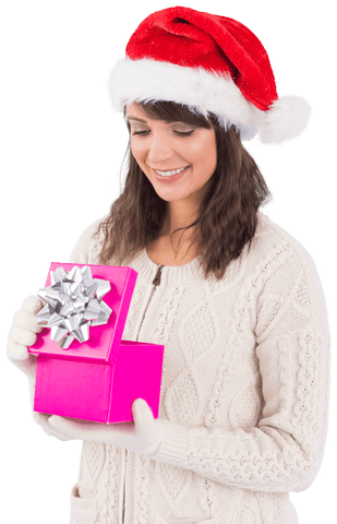 Smiling Woman in Santa Hat Opening Christmas Gift Transparent Background