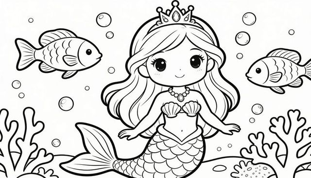 Smiling mermaid wearing tiara and shell top swimming among coral and friendly fish lineart
