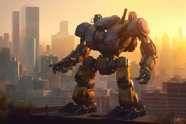 Visually stunning portrayal of a giant mech robot standing against the backdrop of a city skyline at sunset. Perfect for use in sci-fi projects, futuristic city design inspirations, tech graphics, urban action scenes, or robotics-focused media. Ideal for websites, presentations, or promotional materials highlighting advanced technology or futuristic concepts.