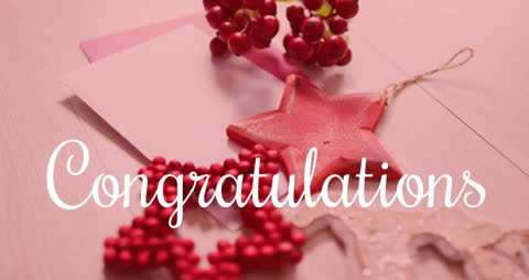 Congratulations Text with Christmas Decorations on Pink Background