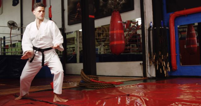 Male karate practitioner wearing black belt practicing karate kata in dojo. He stands on red padded floor with training equipment visible in background. Ideal for use in content related to martial arts, fitness motivation, self-defense training, traditional sports, and mental focus.