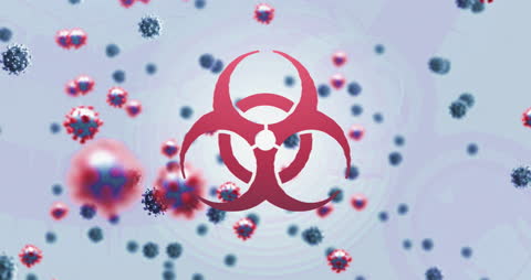 Biohazard Warning Sign with Microscopic Virus Particles