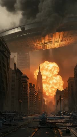 Alien Saucer Hovering Over City While Massive Explosion Erupting Above Spired Tower