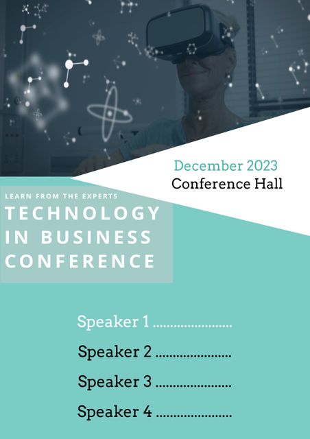 Caucasian woman using vr headset, december 2023 conference hall, technology in business conference. Composite, learn from experts, speaker, poster, template, seminar, schedule, business, design.