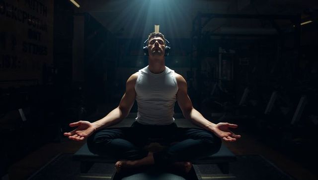 Muscular athlete meditating on bench in dark gym under spotlight with headphones, focused