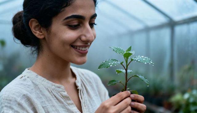 Smiling woman nurturing dew-covered seedling in greenhouse, sustainable gardening care