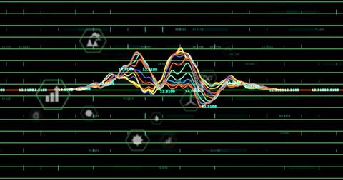 Neon Multicolor Waveform Displaying on Tech Dashboard with Teal Gridlines and Hex Icons