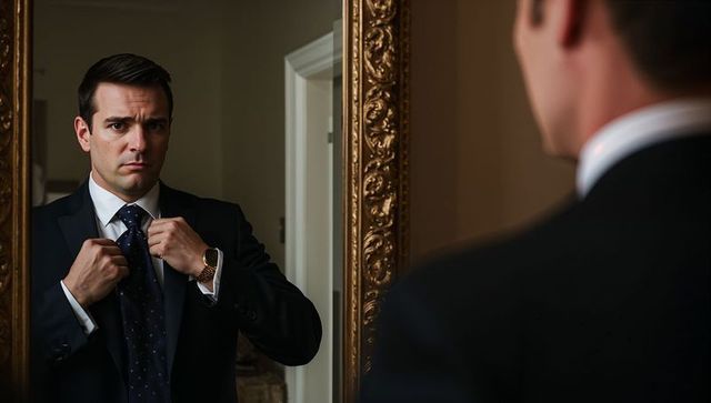Executive Adjusting Navy Polka-Dot Tie in Ornate Gold Mirror Before Meeting