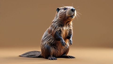 Realistic standing beaver with glossy fur and whiskers